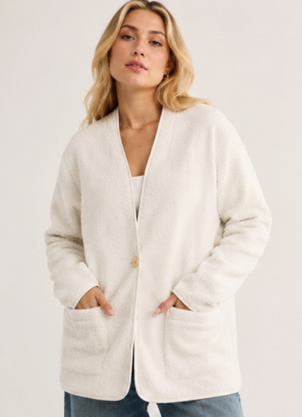 NEW J.JILL PURE JILL CREAM GRAY FLEECE LINED BOUCLE TEDDY CARDIGAN JACKET SZ XS - Picture 1 of 10